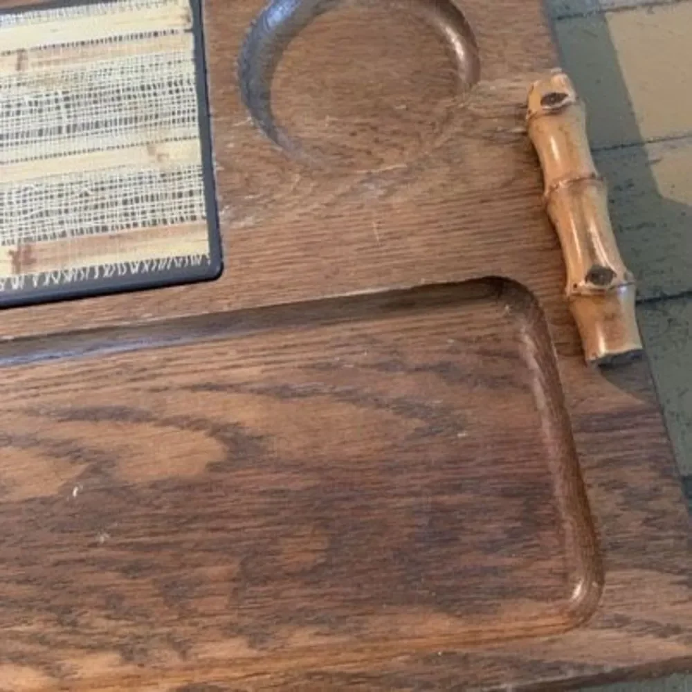 Vintage 1970’s Divided Wood Serving Tray With Hot Plate & Bamboo Handles